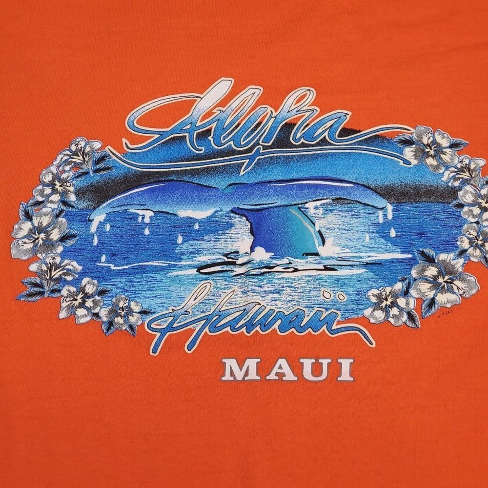 Vintage 90s Aloha Maui Hawaii Graphic Tshirt Whale Tail Ocean Floral Large USA